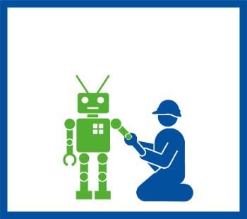 Arbeiter schraubt an einem Roboter