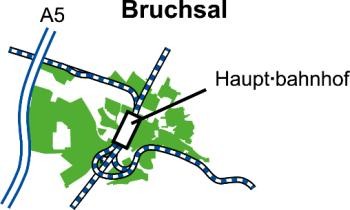 Bruchsal mit Hauptbahnhof und Verlauf der A5