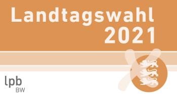 Logo Landtagswahl Baden-Württemberg 2021; orangfarbig/weißer Hintergrund; orangfarbiger Kreis mit den drei baden-württembergischen Löwen und darüber ein Kreuz